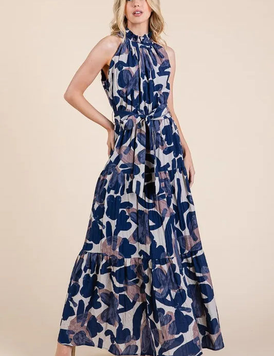 NAVY COMBO L Lime 'N' Chili Abstract Halter Neck Tie-Waist Tiered Maxi Dress | Daverri Fashions