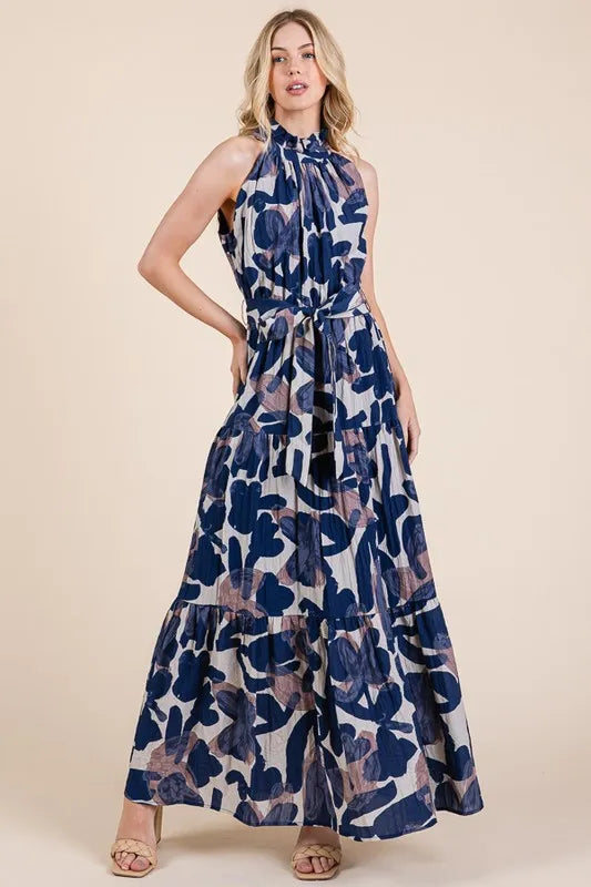 Lime 'N' Chili Abstract Halter Neck Tie-Waist Tiered Maxi Dress NAVY COMBO