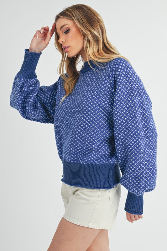 Blue Aemi + Co Echo loose fit knit sweater with geometric pattern