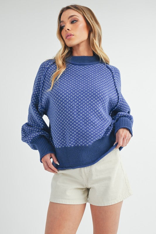 Aemi + Co Echo loose fit knit sweater in small, blue with geometric pattern