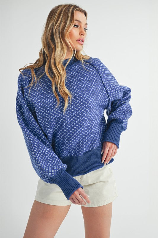 Blue Aemi + Co Echo loose fit knit sweater with white geometric pattern