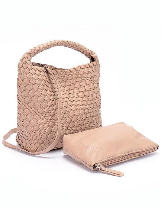 Handwoven Vegan Leather Leather Handbag Set Khaki O S Handbags