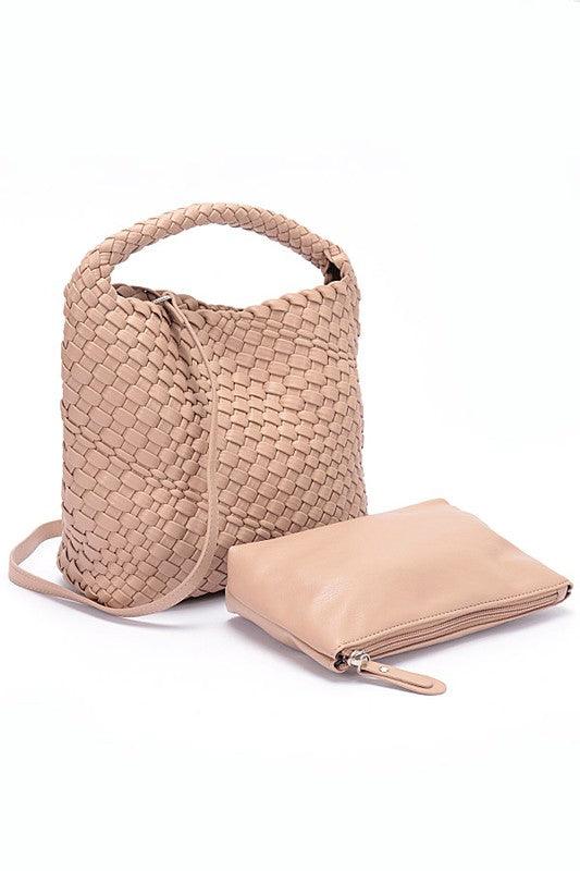 Handwoven Vegan Leather Leather Handbag Set Khaki O S Handbags