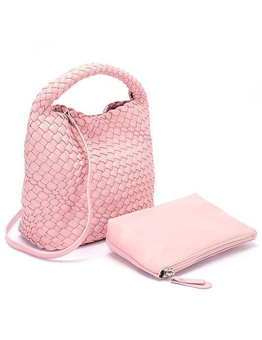 Handwoven Vegan Leather Leather Handbag Set Pink O S Handbags