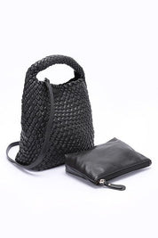 Handwoven Vegan Leather Leather Handbag Set Black O S Handbags