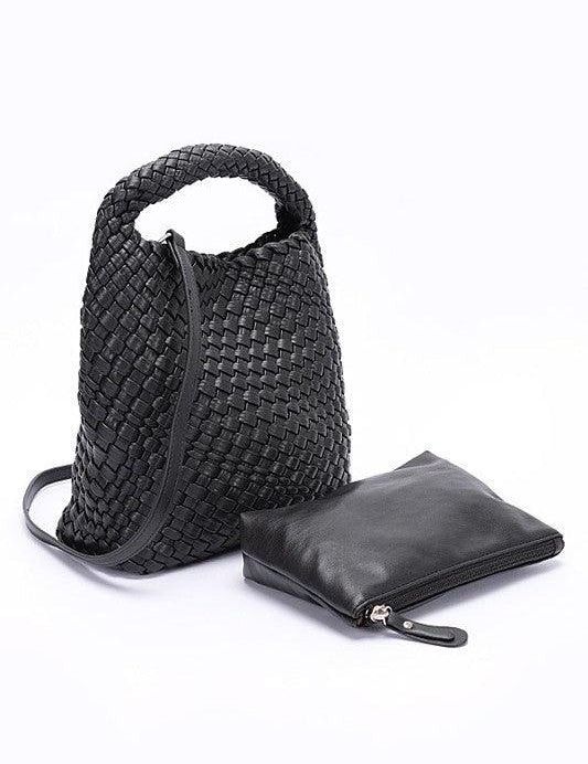 Handwoven Vegan Leather Leather Handbag Set Black O S Handbags