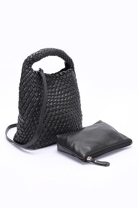 Handwoven Vegan Leather Leather Handbag Set Black O S Handbags