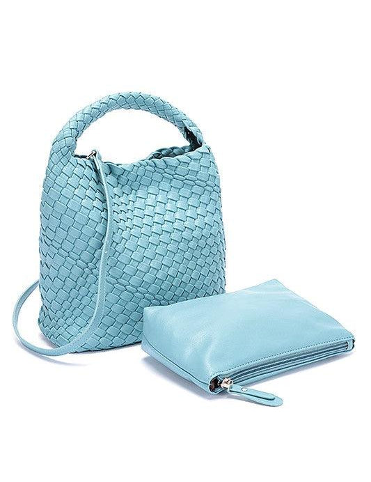 Handwoven Vegan Leather Leather Handbag Set Blue O S Handbags