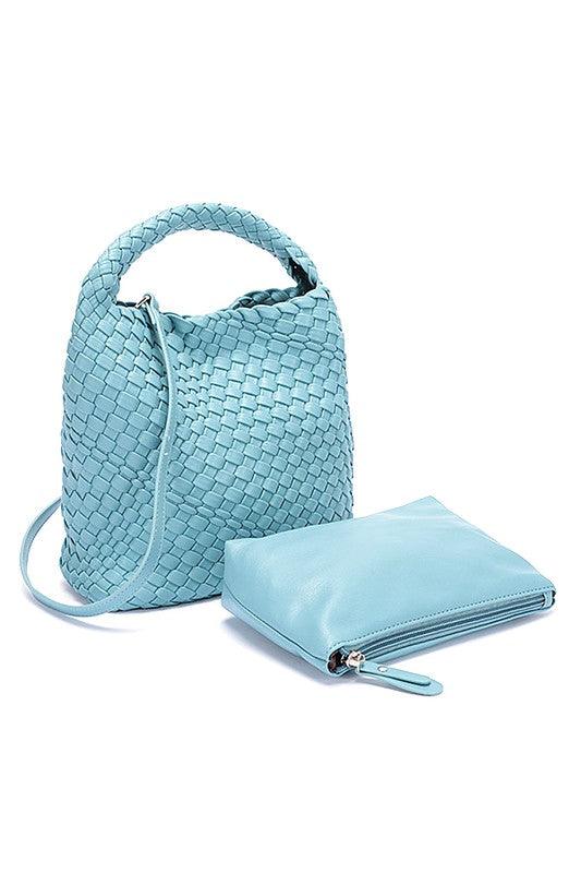 Handwoven Vegan Leather Leather Handbag Set Blue O S Handbags