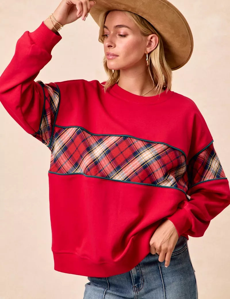 BiBi Christmas Theme Plaid Block Sweatshirt with Binding | Sweatshirts Daverri Fashions