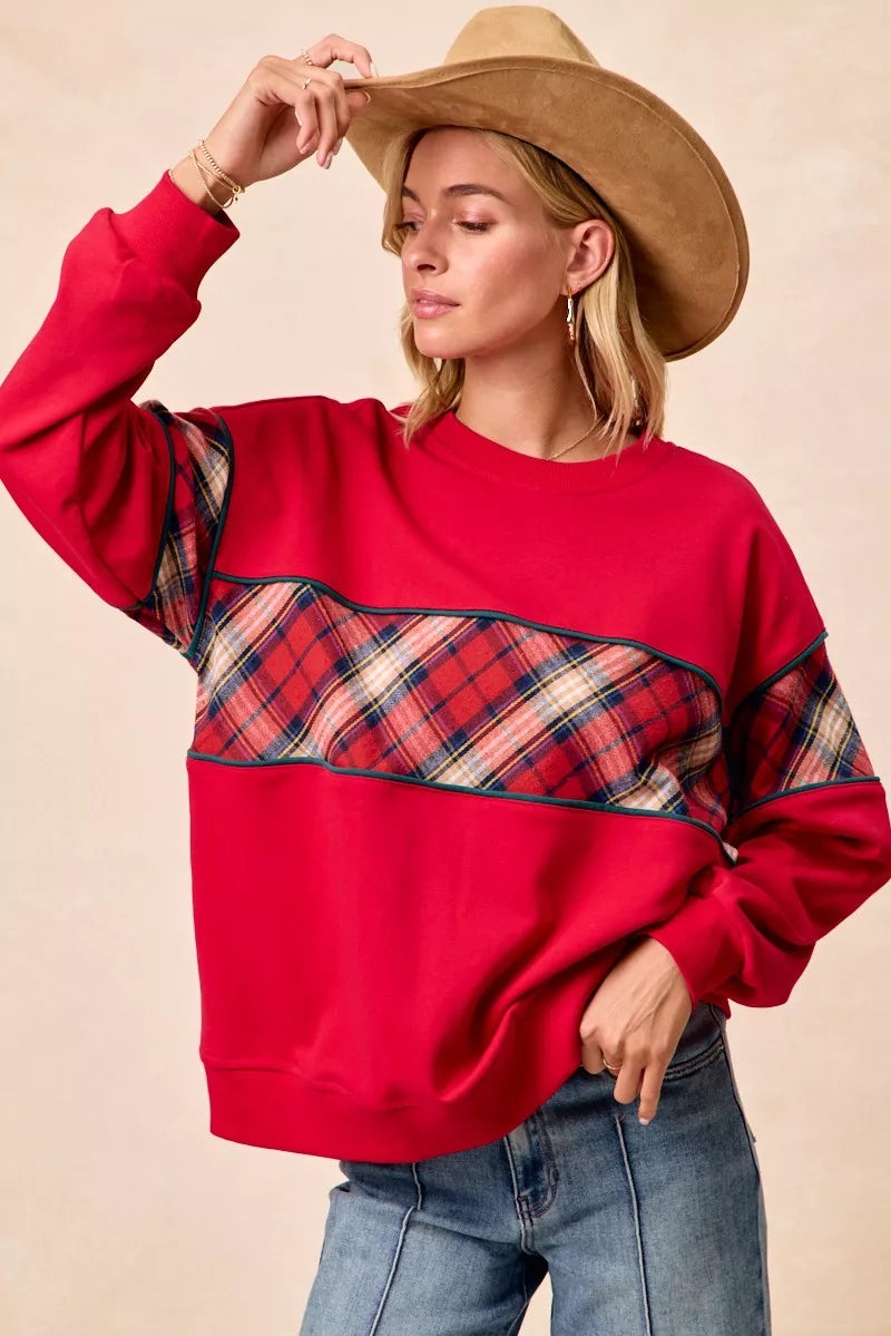 BiBi Christmas Theme Plaid Block Sweatshirt with Binding | Sweatshirts Daverri Fashions