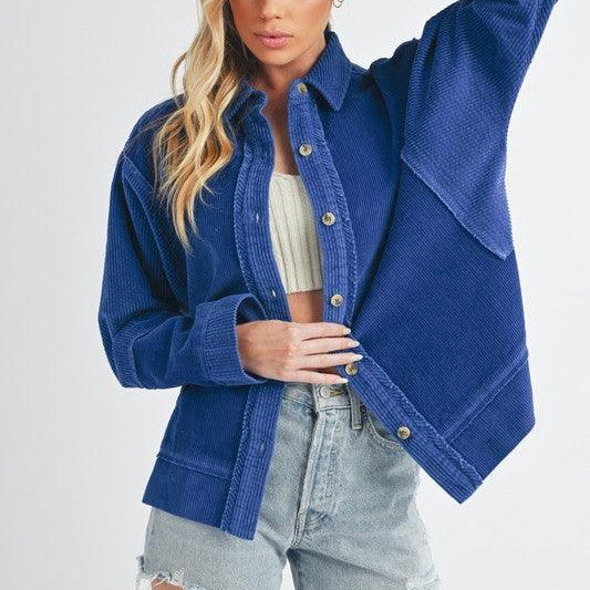 Aemi+Co Daphne Corduroy Jacket in blue denim with frayed hem and buttons