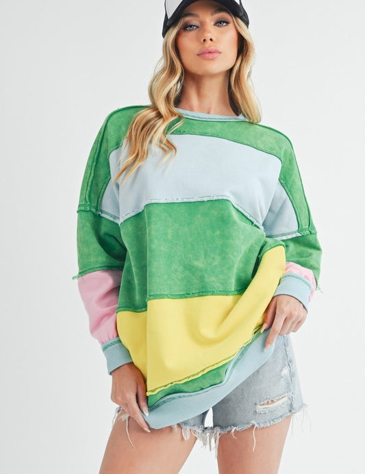 Aemi+Co Rugby Color Block Stripe Sweatershirt GREEN MULTI S Sweatshirts