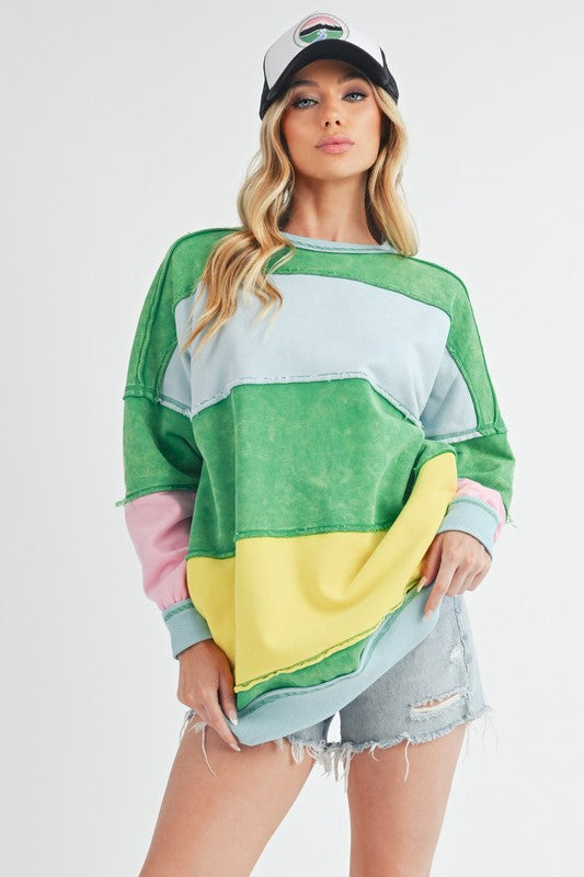 Aemi+Co Rugby Color Block Stripe Sweatershirt GREEN MULTI S Sweatshirts