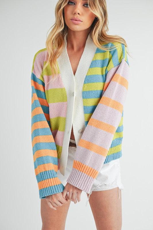 Aemi+Co Striped Drop Shoulder Button Up Cardigan Sweater Cardigans
