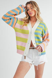 Aemi+Co Striped Drop Shoulder Button Up Cardigan Sweater | Sweaters Daverri Fashions