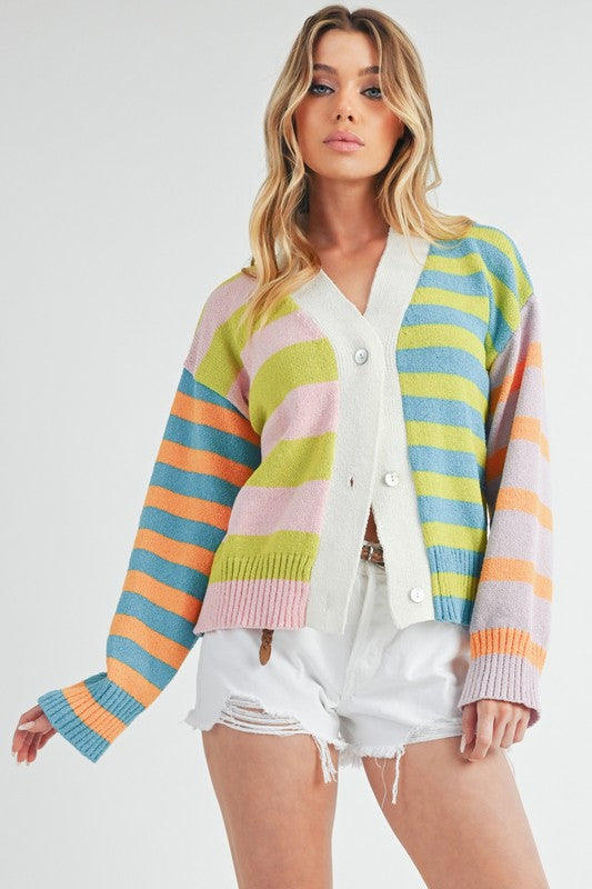 Aemi+Co Striped Drop Shoulder Button Up Cardigan Sweater Cardigans