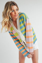 Aemi+Co Striped Drop Shoulder Button Up Cardigan Sweater | Sweaters Daverri Fashions