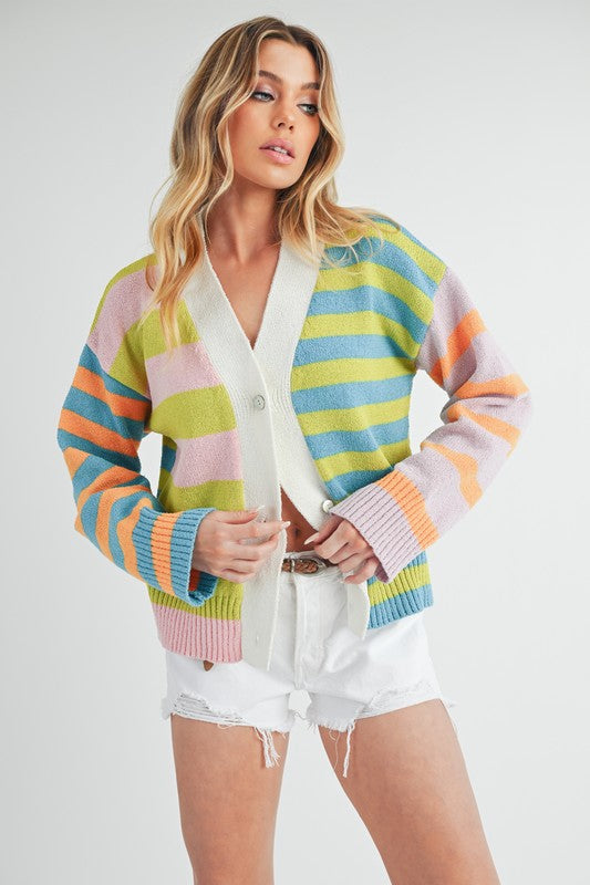 Aemi+Co Striped Drop Shoulder Button Up Cardigan Sweater Cardigans