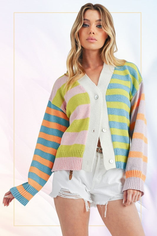 Aemi+Co Striped Drop Shoulder Button Up Cardigan Sweater MULTI S Cardigans