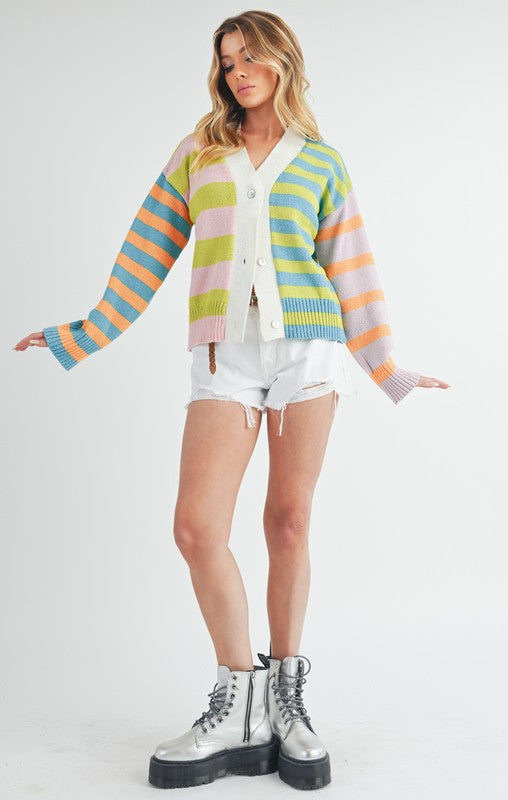 Aemi+Co Striped Drop Shoulder Button Up Cardigan Sweater Cardigans