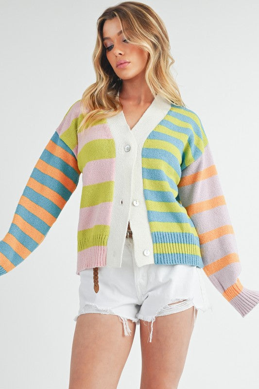 Aemi+Co Striped Drop Shoulder Button Up Cardigan Sweater Cardigans