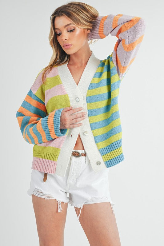 Aemi+Co Striped Drop Shoulder Button Up Cardigan Sweater Cardigans