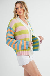 Aemi+Co Striped Drop Shoulder Button Up Cardigan Sweater | Sweaters Daverri Fashions