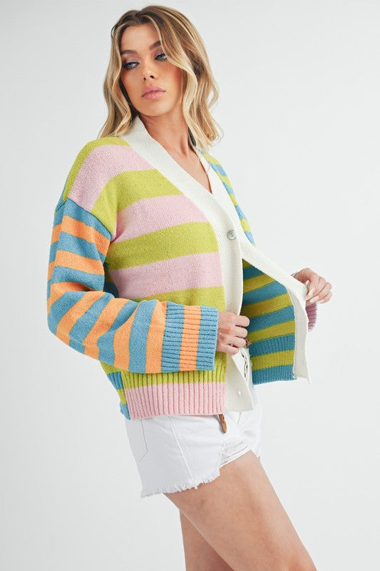 Aemi+Co Striped Drop Shoulder Button Up Cardigan Sweater Cardigans