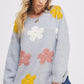 Jade by Jane oversized long sleeve floral knit sweater in light gray with colorful embroidered flowers