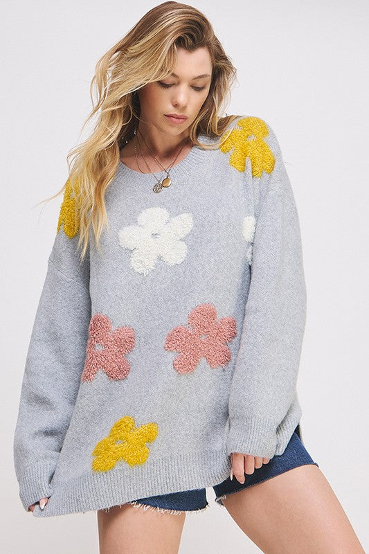Jade by Jane oversized long sleeve floral knit sweater in light gray with colorful embroidered flowers