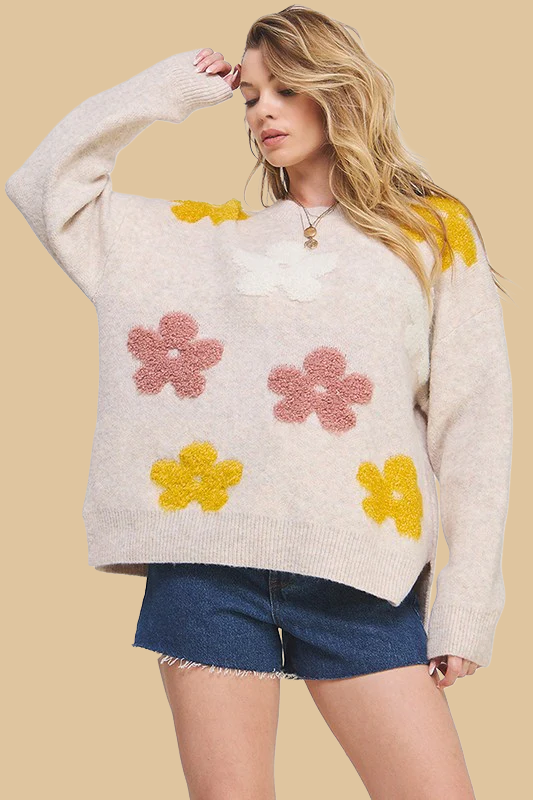 Jade by Jane Oversized Long Sleeve Floral Graphic Knit Sweater