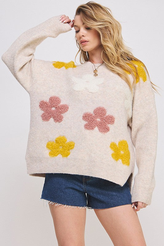 Jade by Jane Plus oversized long sleeve floral knit sweater in beige with pink and yellow appliques