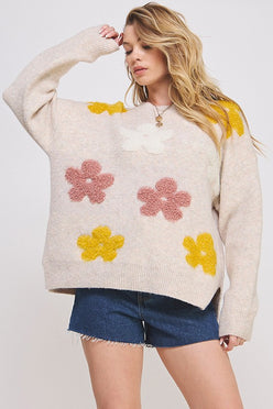 Jade by Jane Plus oversized long sleeve floral knit sweater in beige with pink and yellow appliques
