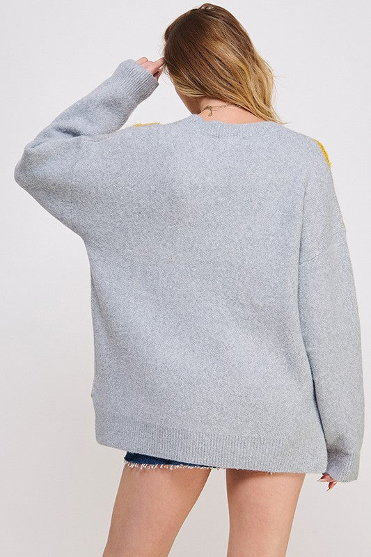 Jade by Jane oversized knit sweater in light gray with yellow shoulder accents