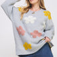 Jade by Jane light gray oversized knit sweater with pink yellow floral appliques