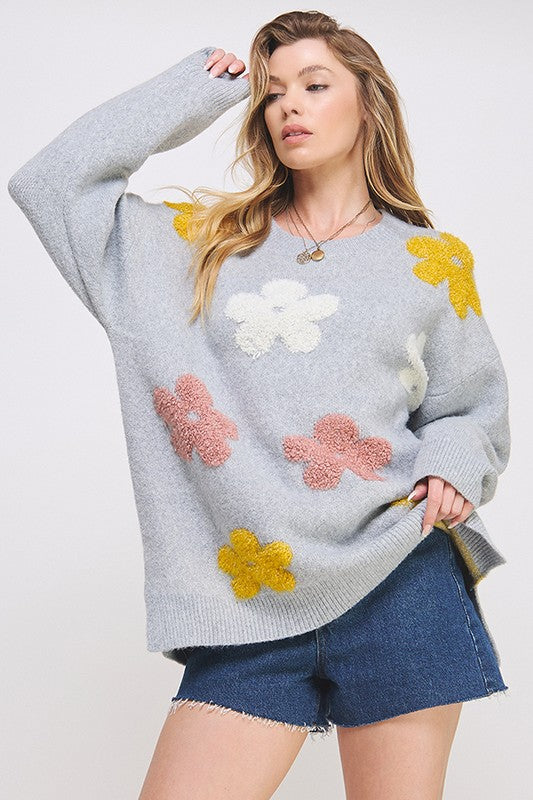 Jade by Jane light gray oversized knit sweater with pink yellow floral appliques