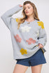 Jade by Jane light gray oversized knit sweater with pink yellow floral appliques