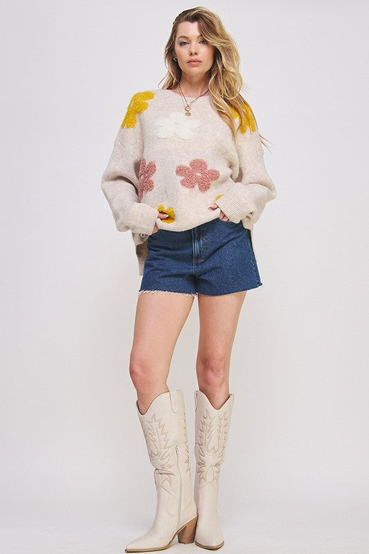 Jade by Jane Plus oversized long sleeve floral knit sweater in cream with embroidered yellow, white, and pink patches