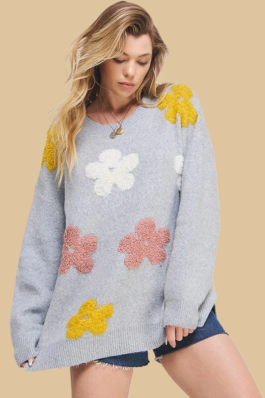 Jade by Jane Plus Oversized Long Sleeve Floral Knit Sweater