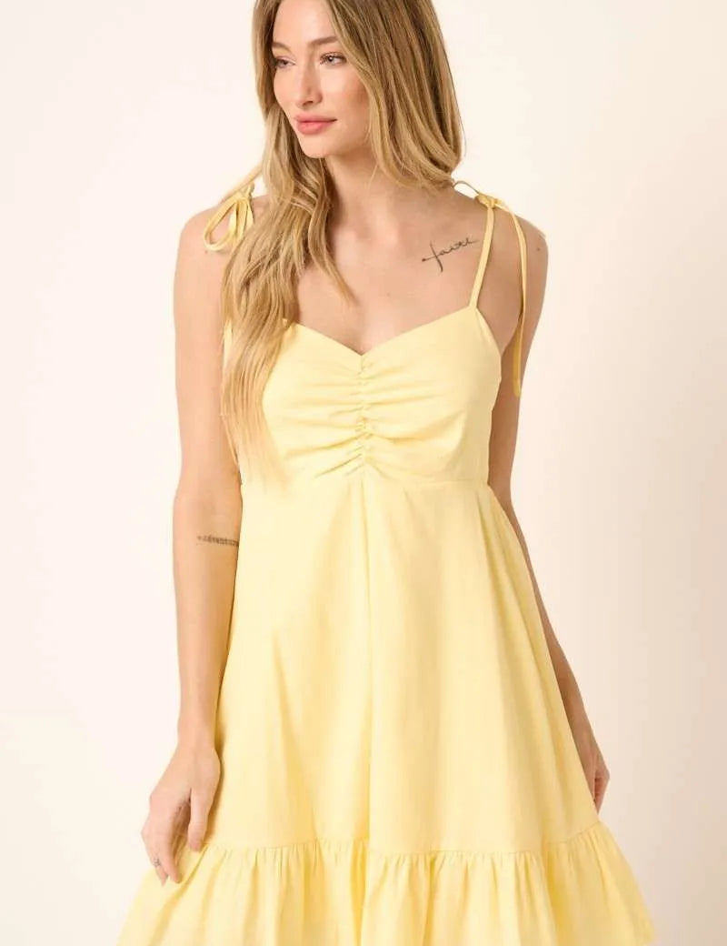 YELLOW Mittoshop Ruched Detail Spaghetti Tie Mini Dress | Mini Dresses Daverri Fashions