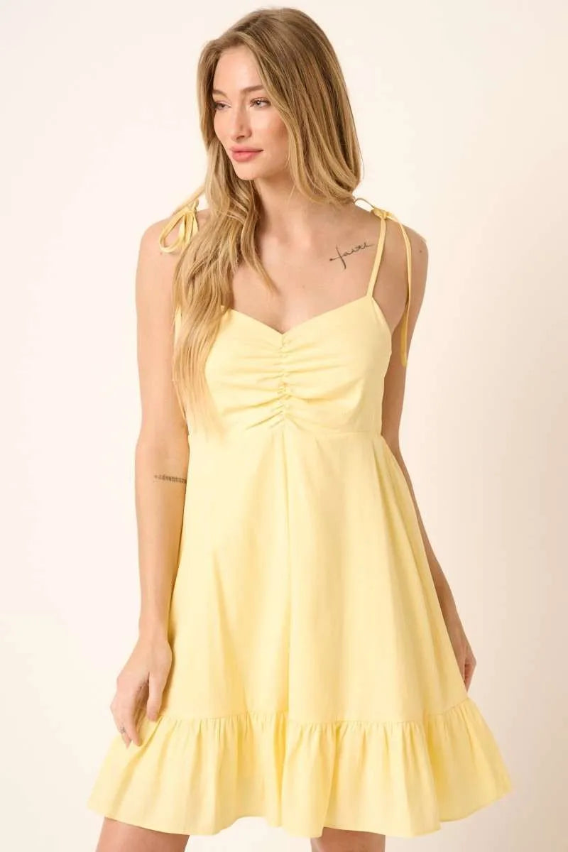 Mittoshop Ruched Detail Spaghetti Tie Mini Dress YELLOW Mini Dresses