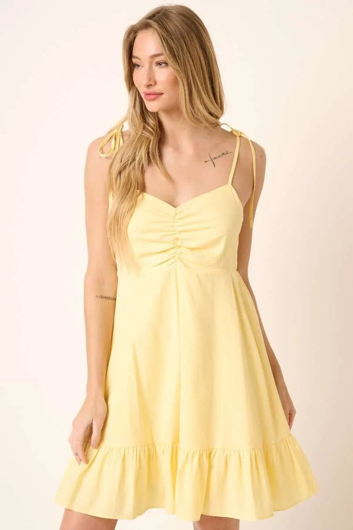 Mittoshop Ruched Detail Spaghetti Tie Mini Dress YELLOW Mini Dresses