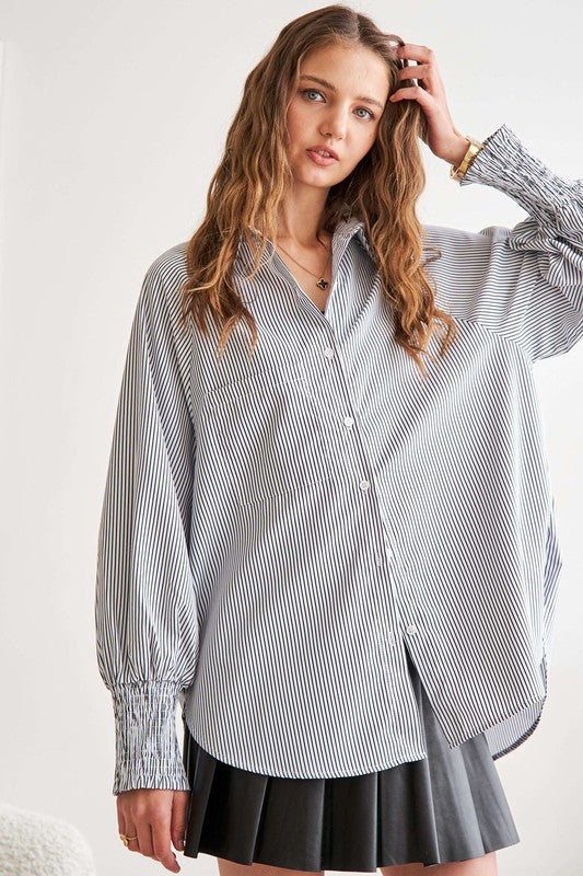 ADORA High-Low Striped Button Down Smocked Lantern Sleeve Shirt Tops