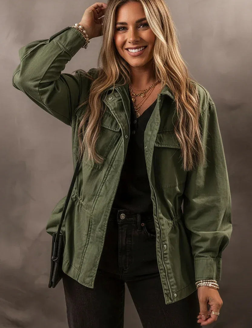 Daverri Fashions Zip Up Long Sleeve Cotton Jacket - DAVERRI FASHIONS