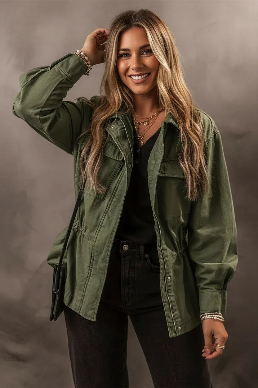 Daverri Fashions Zip Up Long Sleeve Cotton Jacket - DAVERRI FASHIONS