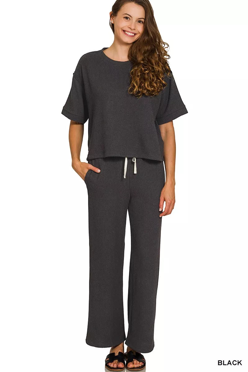 BLACK Zenana Raised Rib Short Sleeve Tee & Pants Set | Loungewear Sets Daverri Fashions