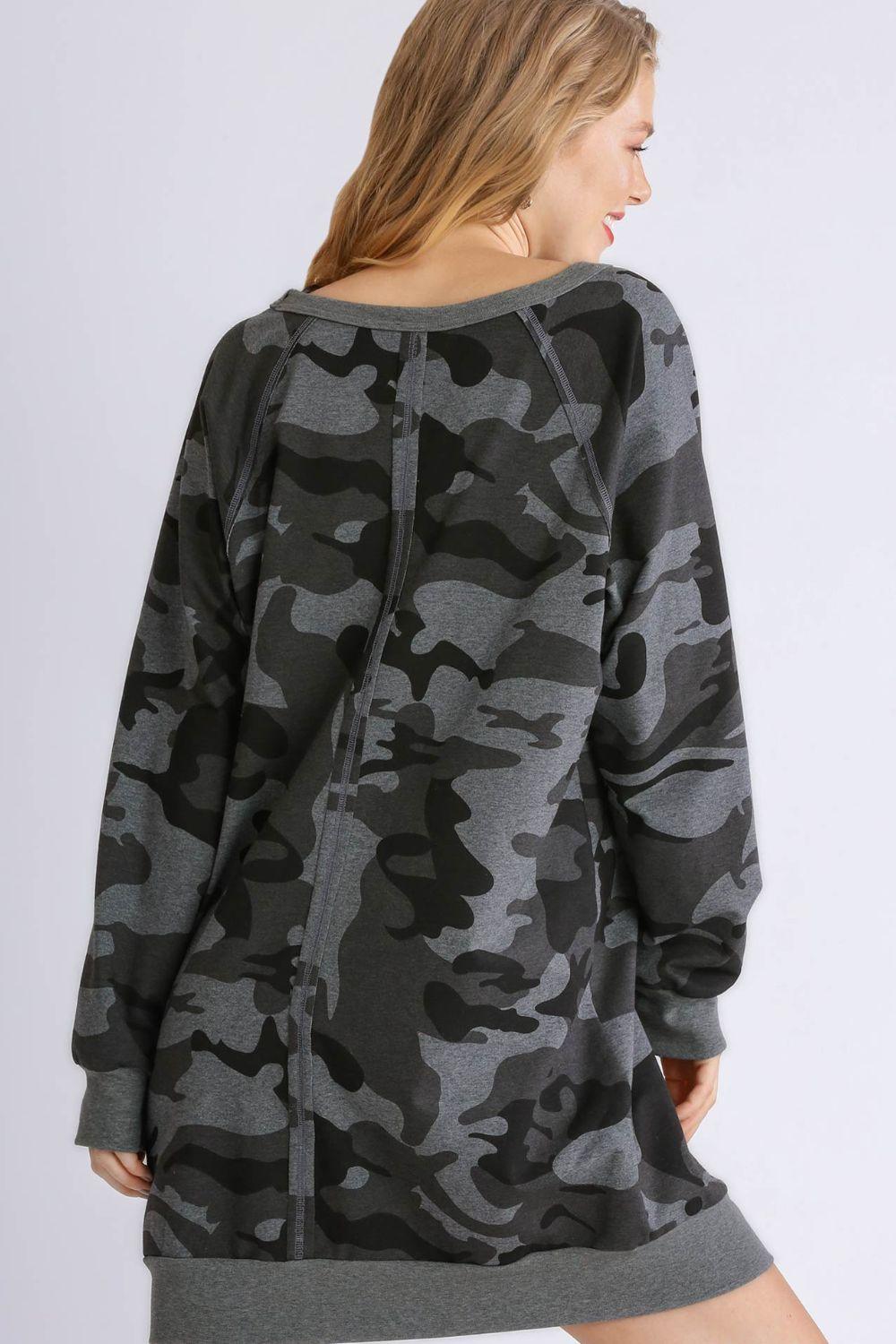 Umgee Full Size Camo Print Ribbed Hem French Terry Mini Dress Plus Size