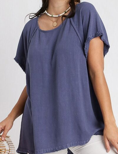 Umgee Full Size Seam Detail Linen Ruffle Fringe Edge Top Tops