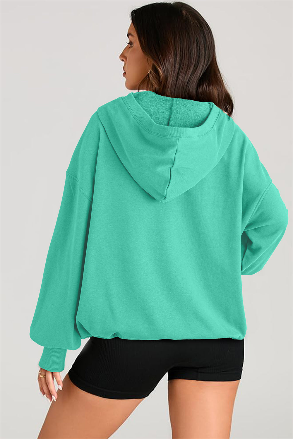 Pocketed Half Zip Long Sleeve Hoodie Tops